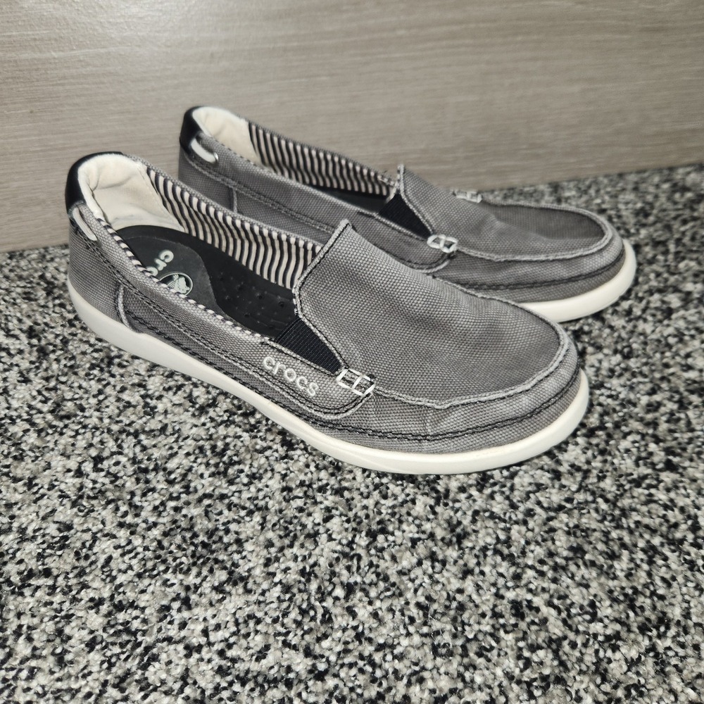 Crocs Walu Boat Shoes Grey Canvas Loafers Casual Slip On Women's Size 6, Comfort